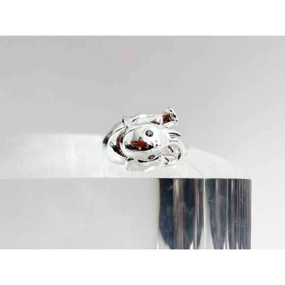 Amethyst Gemstone Eyes Elephant Polished Sterling Silver Vintage Ring - 6.75 - Picture 3 of 10